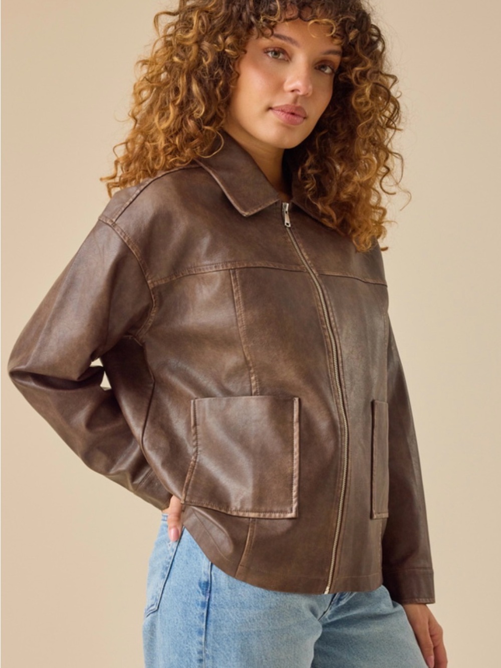 Altar'd State Chocolate Brown Vegan Leather Zip Jacket